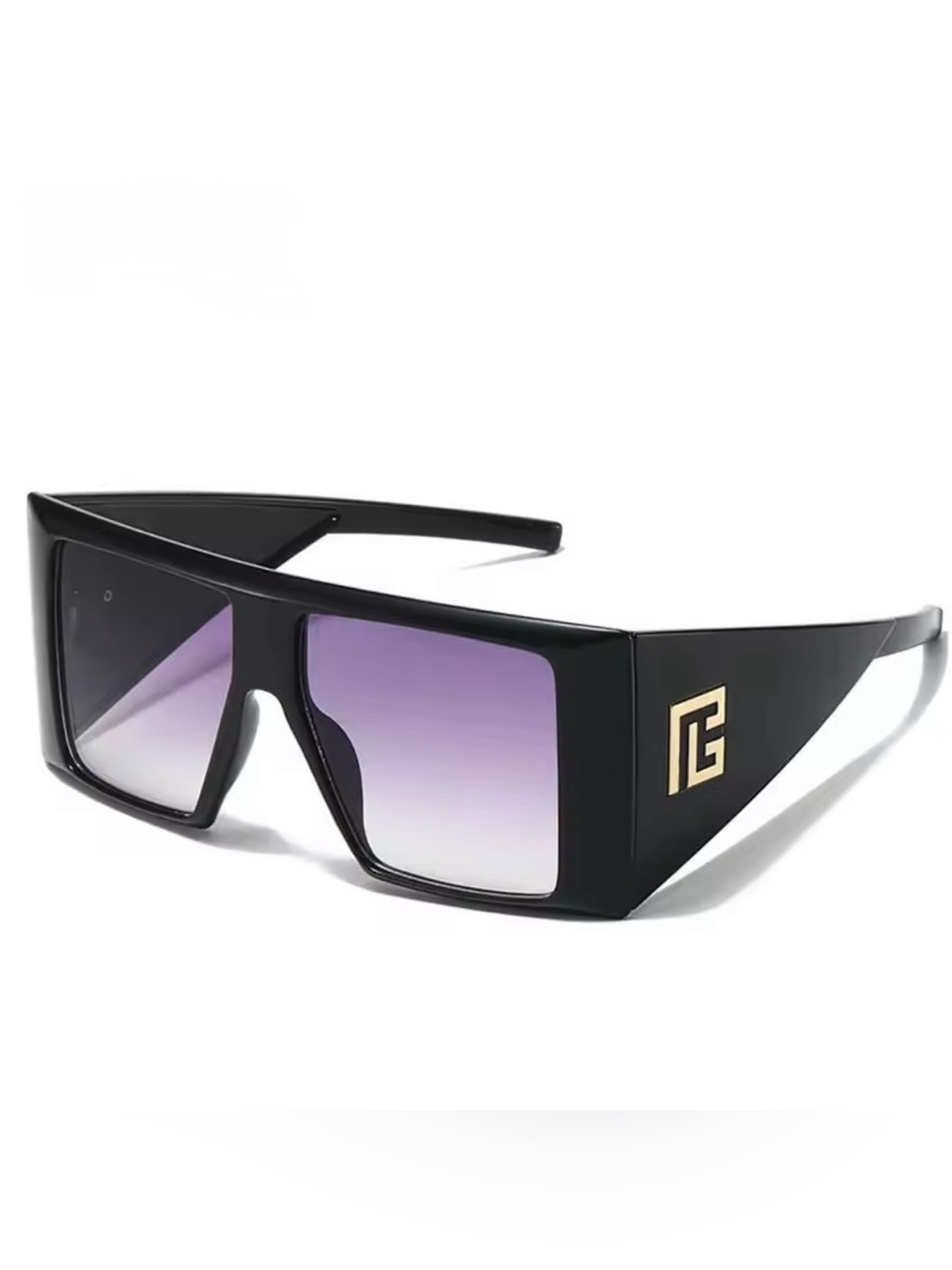 Black Shield Sunglasses with Purple Gradient Lenses and Gold Logo